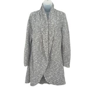 Eilleen Fisher Open Front Cardigan Women Large Grey White Knit Cotton Blend Long